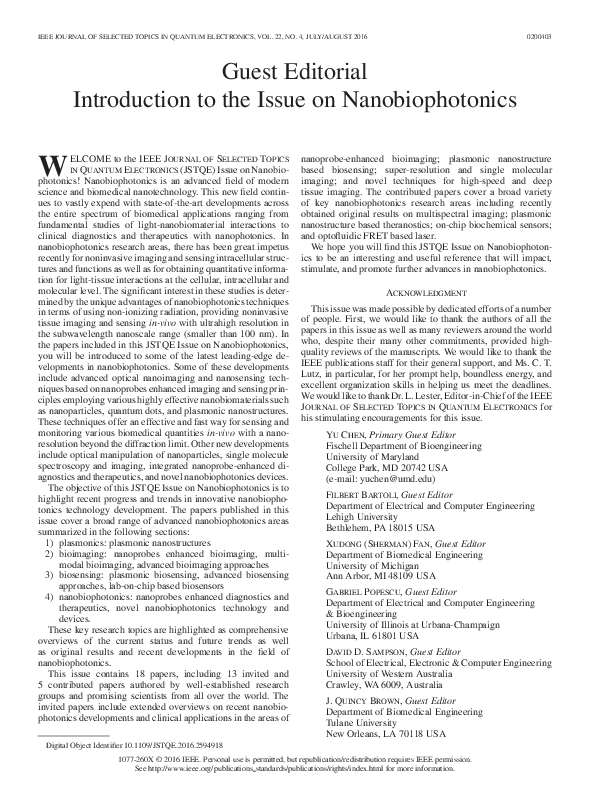 (PDF) Guest Editorial Introduction to the Issue on Nanobiophotonics