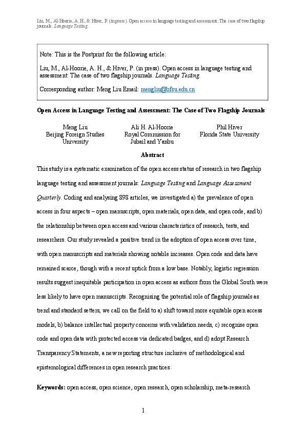 (PDF) Open Access in Language Testing and Assessment: The Case of Two ...