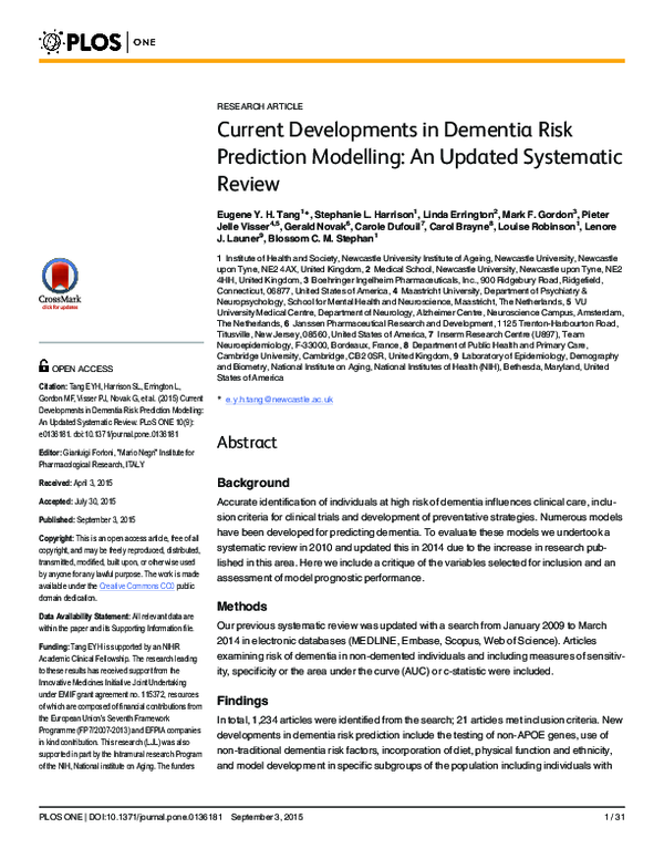 (PDF) Current Developments in Dementia Risk Prediction Modelling: An ...