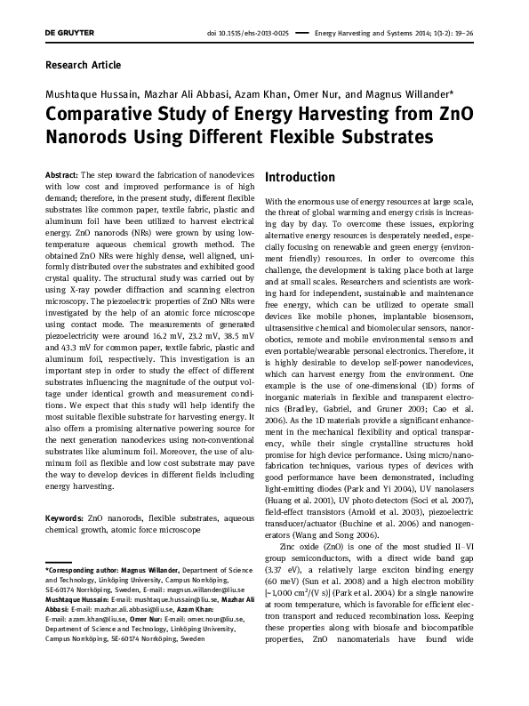 (PDF) Comparative Study of Energy Harvesting from ZnO Nanorods Using ...