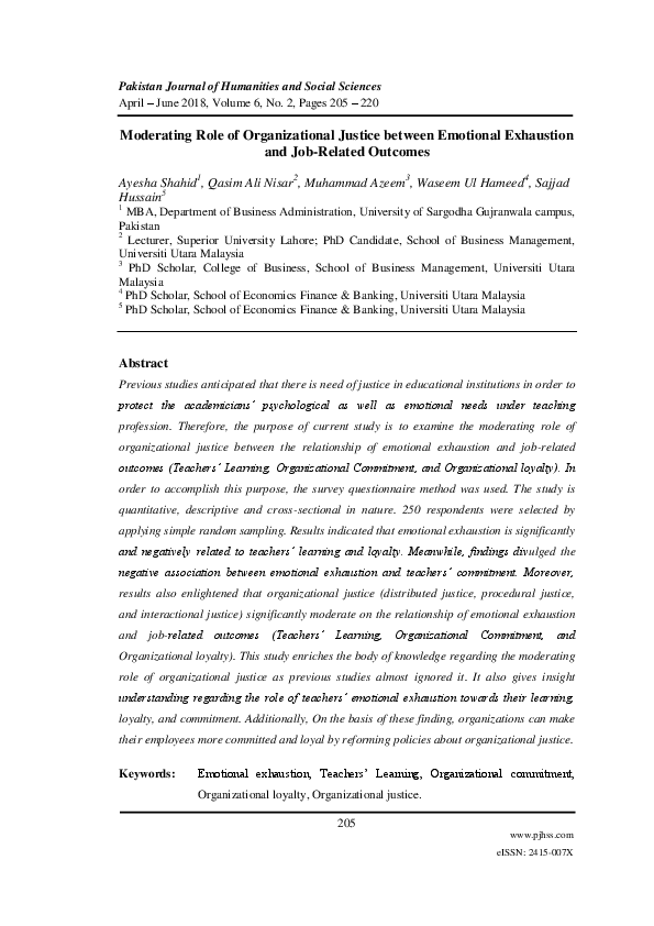 (PDF) Moderating Role of Organizational Justice between Emotional ...