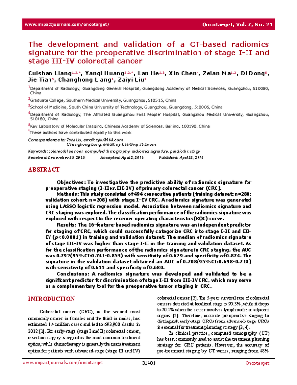 (PDF) The development and validation of a CT-based radiomics signature ...