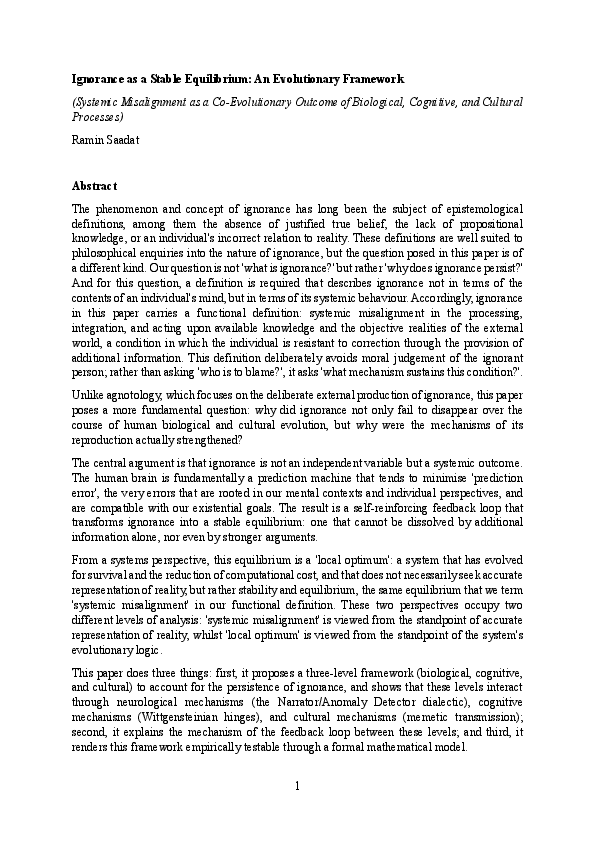 (PDF) Ignorance as a Stable Equilibrium: An Evolutionary Framework ...