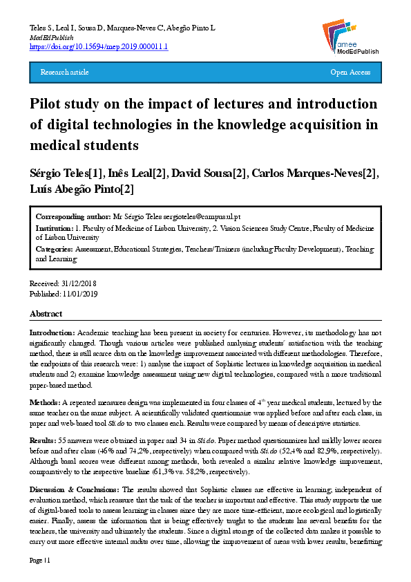 (PDF) Pilot study on the impact of lectures and introduction of digital ...
