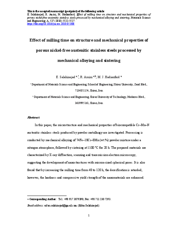 (PDF) Effect of milling time on structure and mechanical properties of ...