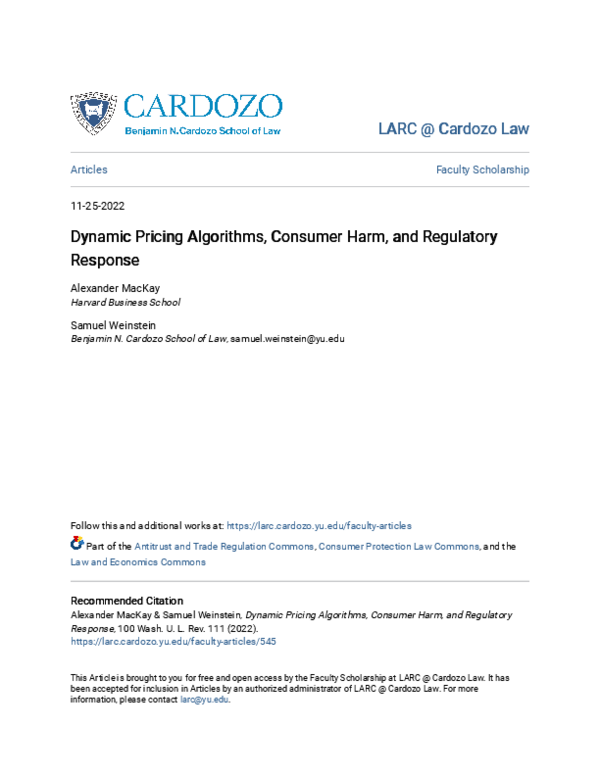(PDF) Dynamic Pricing Algorithms, Consumer Harm, and Regulatory Response