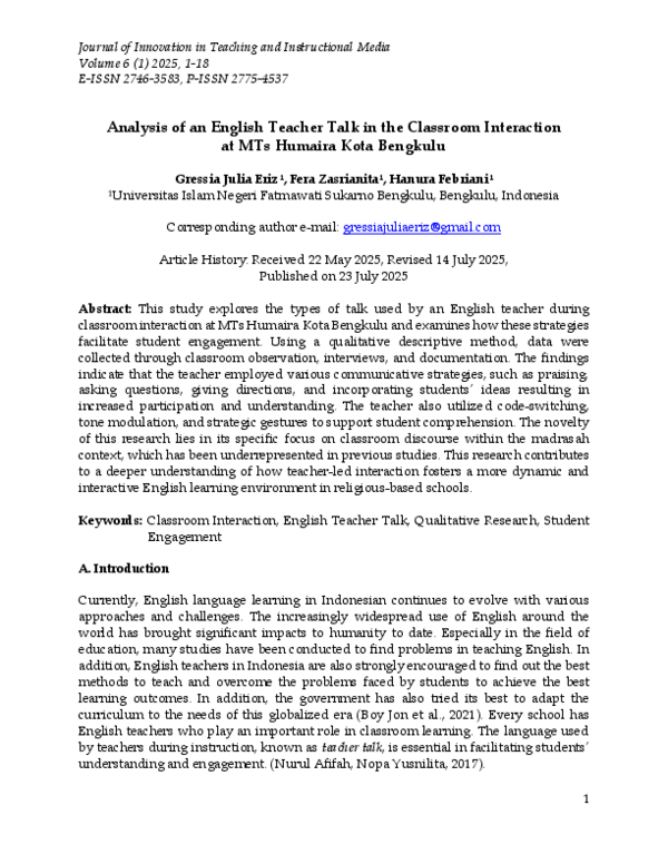 (PDF) Analysis of an English Teacher Talk in the Classroom Interaction ...