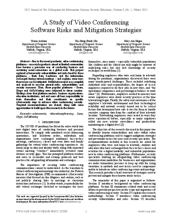 (PDF) Study of Video Conferencing Software Risks and Mitigation Strategies