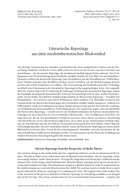 (PDF) Literarische Reportage aus dem medientheoretischen Blickwinkel ...