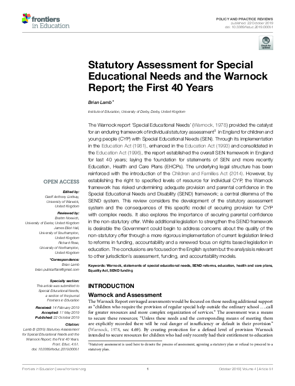 (PDF) Statutory Assessment for Special Educational Needs and the ...