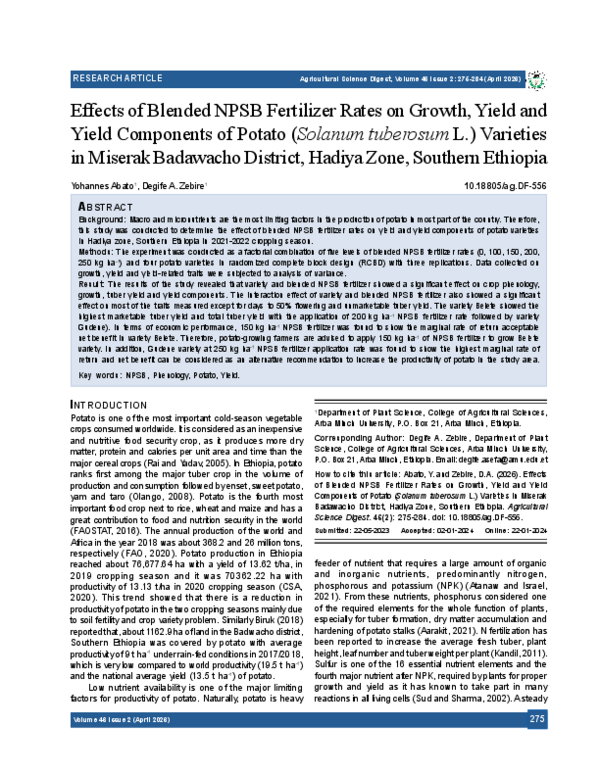 (PDF) Effects of Blended NPSB Fertilizer Rates on Growth, Yield and ...