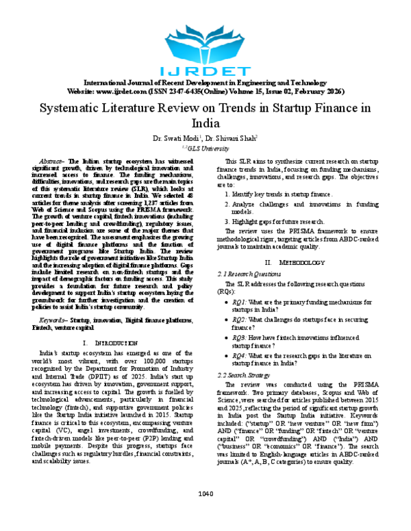 (PDF) Systematic Literature Review on Trends in Startup Finance in India