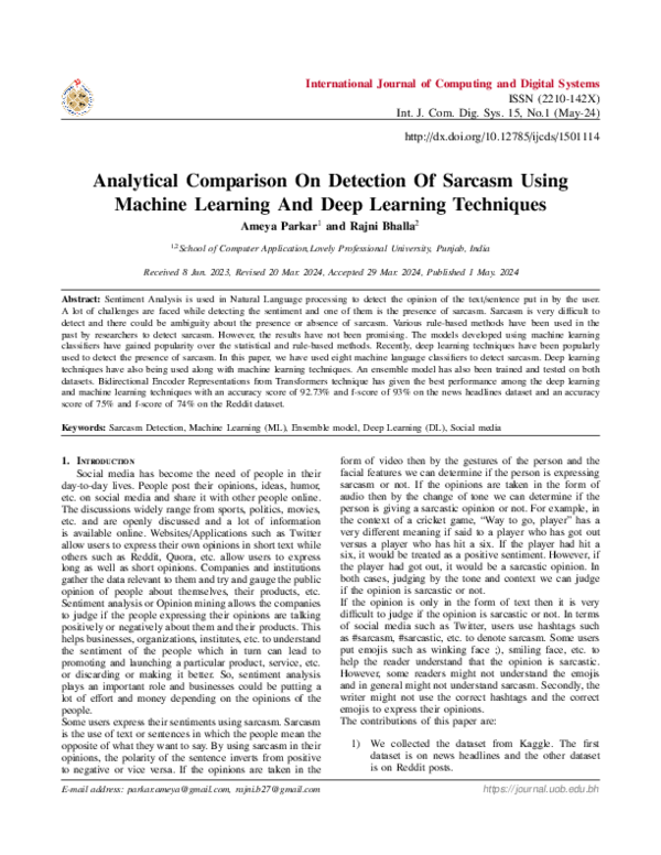 (PDF) Analytical Comparison On Detection Of Sarcasm Using Machine ...