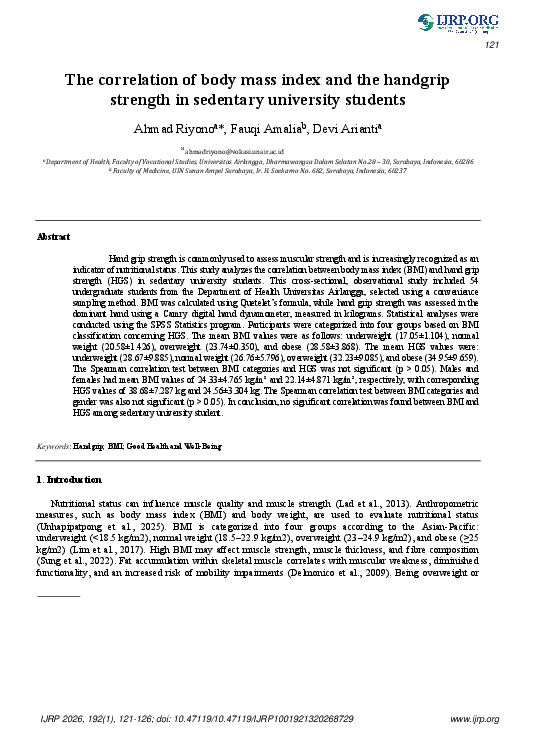 (PDF) The correlation of body mass index and the handgrip strength in ...