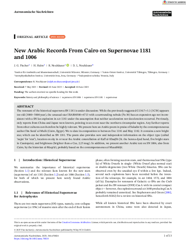 (PDF) New Arabic Records From Cairo on Supernovae 1181 and 1006