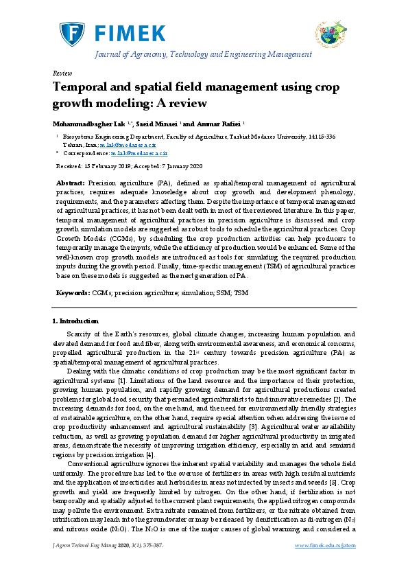 (PDF) Temporal and Spatial Field Management Using Crop Growth Modeling ...