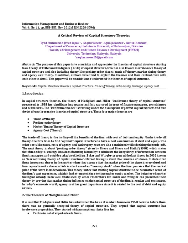 (PDF) A Critical Review of Capital Structure Theories