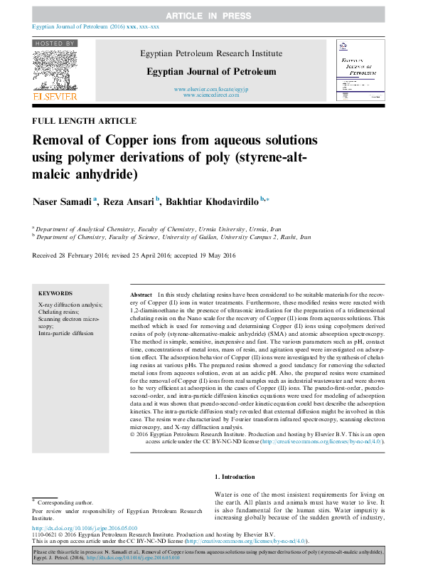 (PDF) Removal of Copper ions from aqueous solutions using polymer ...