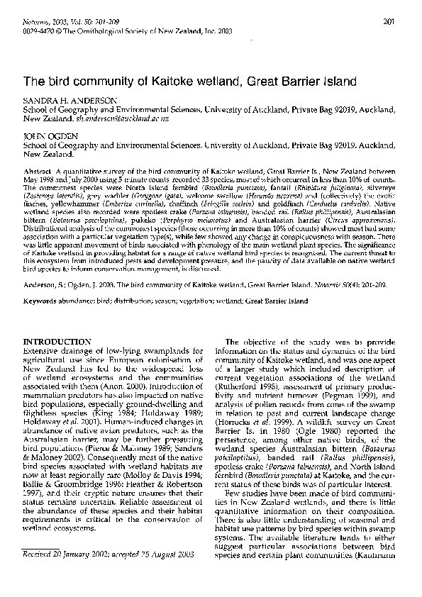 (PDF) The bird community of Kaitoke wetland, Great Barrier ls'land