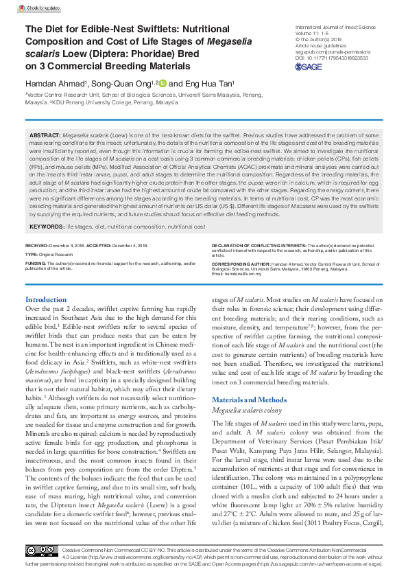 (PDF) The Diet for Edible-Nest Swiftlets: Nutritional Composition and ...