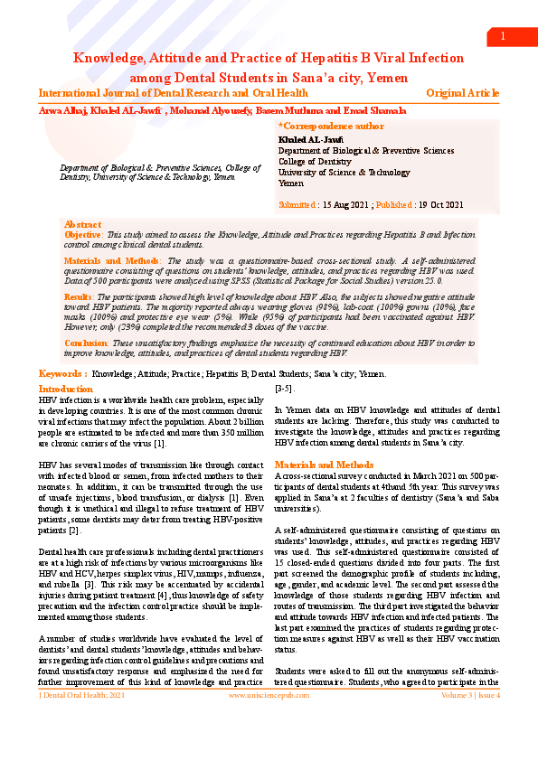 (PDF) Knowledge, Attitude and Practice of Hepatitis B Viral Infection ...