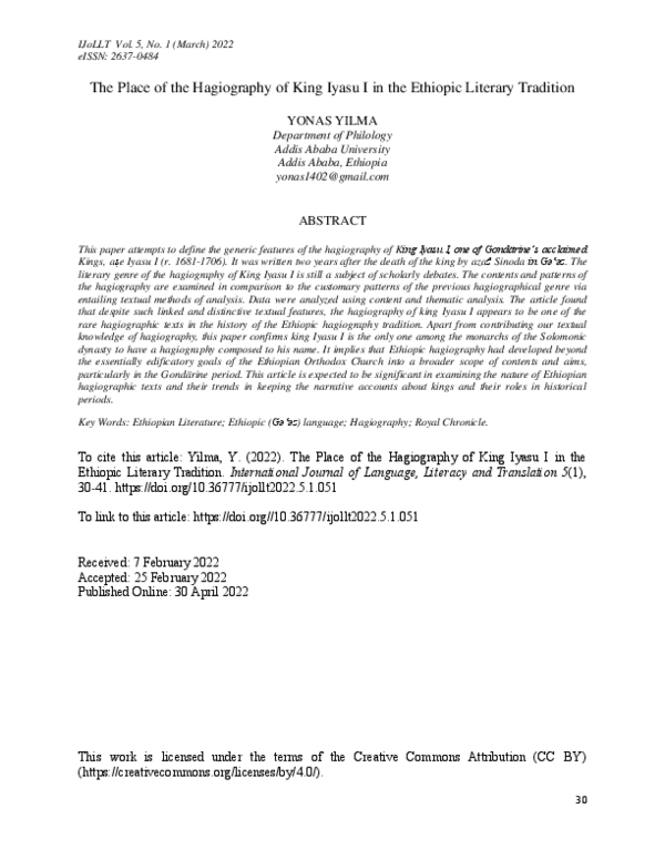 (PDF) The Place of the Hagiography of King Iyasu I in the Ethiopic ...