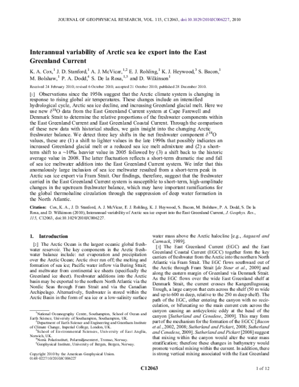 (PDF) Interannual variability of Arctic sea ice export into the East ...