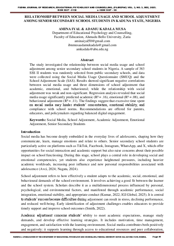 (PDF) RELATIONSHIP BETWEEN SOCIAL MEDIA USAGE AND SCHOOL ADJUSTMENT ...