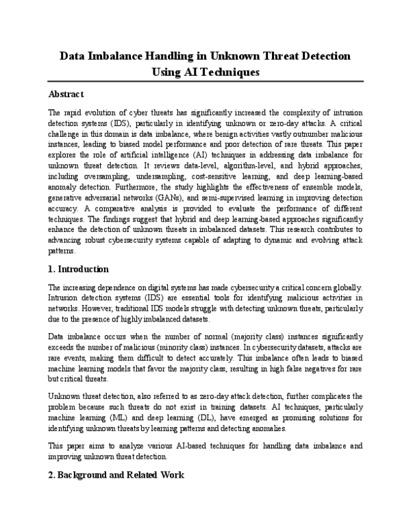 (PDF) Data Imbalance Handling in Unknown Threat Detection Using AI ...