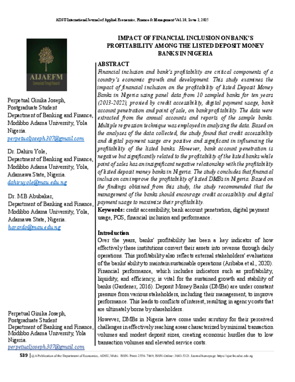 (PDF) IMPACT OF FINANCIAL INCLUSION ON BANK'S PROFITABILITY AMONG THE ...