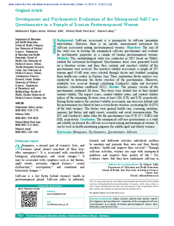 (PDF) Development and psychometric evaluation of the menopausal self ...