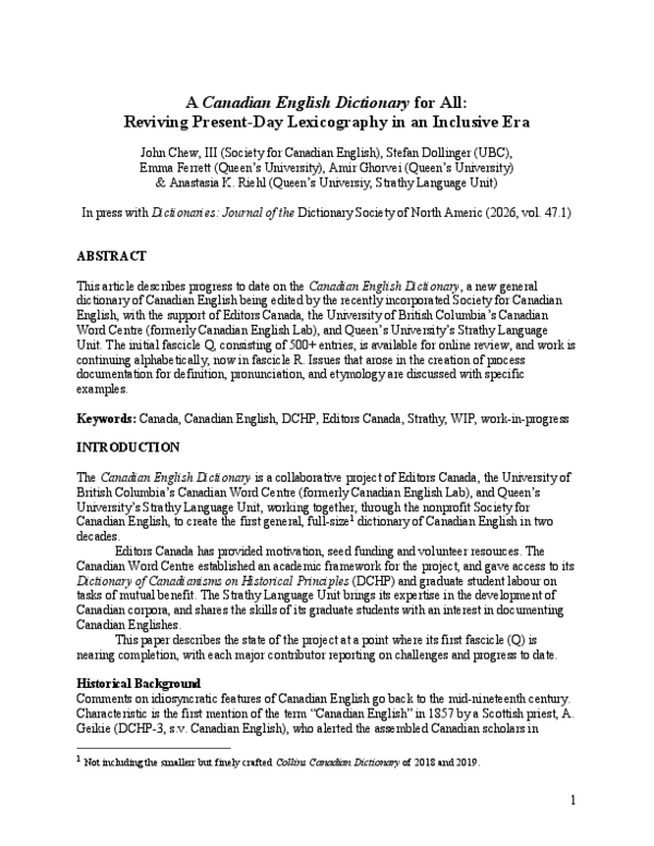 (PDF) A Canadian English Dictionary for All: Reviving Present-Day ...