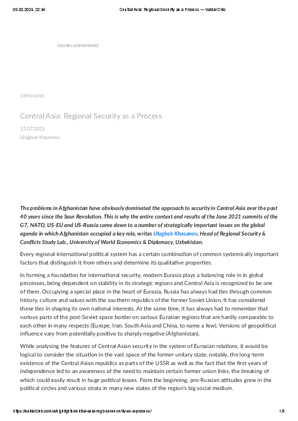 (PDF) Central Asia Regional Security as a Process - Valdai Club
