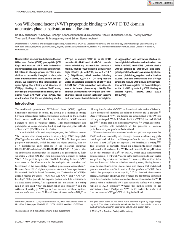 (PDF) von Willebrand factor (VWF) propeptide binding to VWF D′D3 domain ...