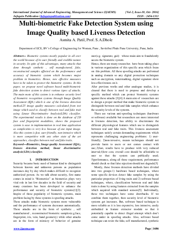 (PDF) Multi-biometric Fake Detection System using Image Quality based ...