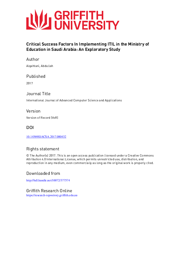 (PDF) Critical Success Factors In Implementing ITIL in the Ministry of ...