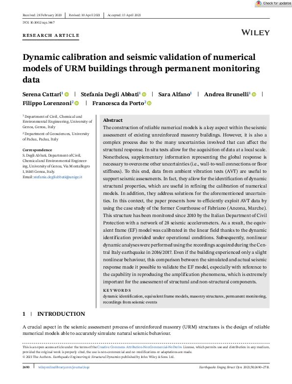 (PDF) Dynamic calibration and seismic validation of numerical models of ...