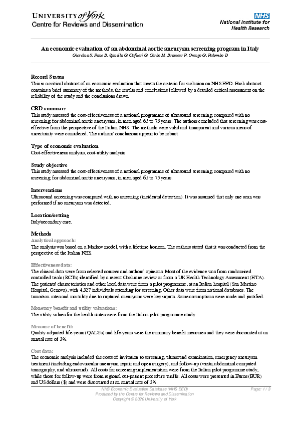 (PDF) An economic evaluation of an abdominal aortic aneurysm screening ...