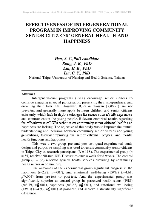 (PDF) Effectiveness of Intergenerational Program in Improving Community ...