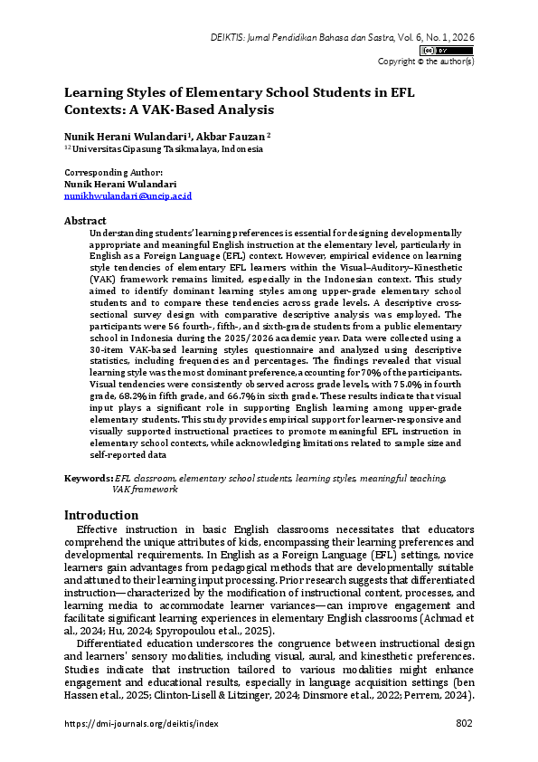 (PDF) Learning Styles of Elementary School Students in EFL Contexts: A ...