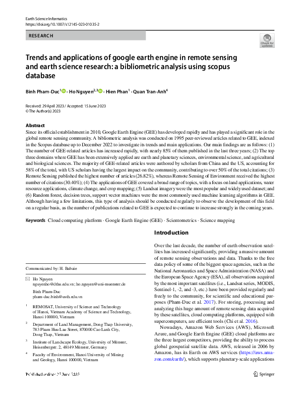 (PDF) Trends and applications of google earth engine in remote sensing ...