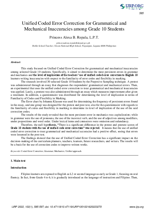 (PDF) Unified Coded Error Correction for Grammatical and Mechanical ...