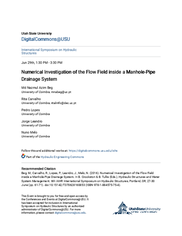 (PDF) Numerical Investigation of the Flow Field inside a Manhole-Pipe ...