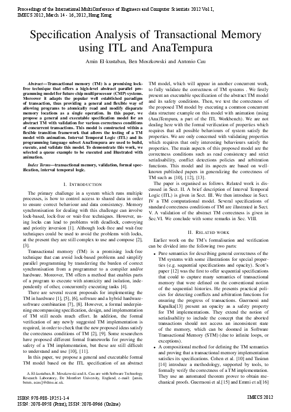 (PDF) Specification Analysis of Transactional Memory using ITL and ...