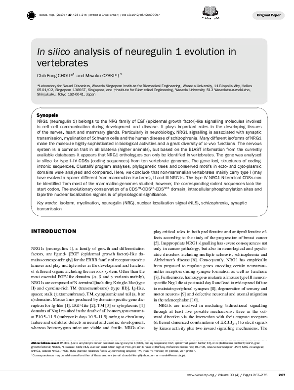 (PDF) In silico analysis of neuregulin 1 evolution in vertebrates