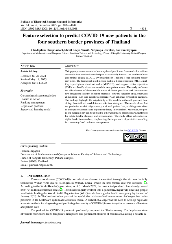 (PDF) Feature selection to predict COVID-19 new patients in the four ...