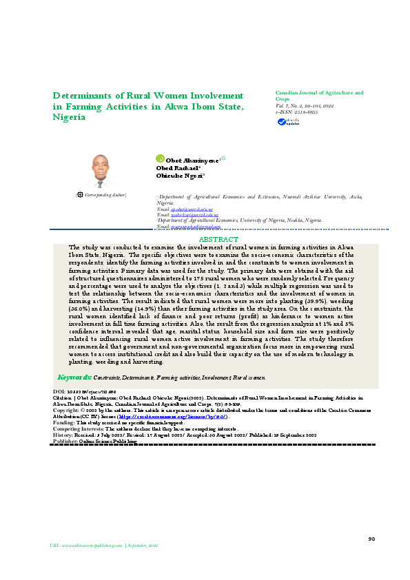 (PDF) Determinants of Rural Women Involvement in Farming Activities in ...