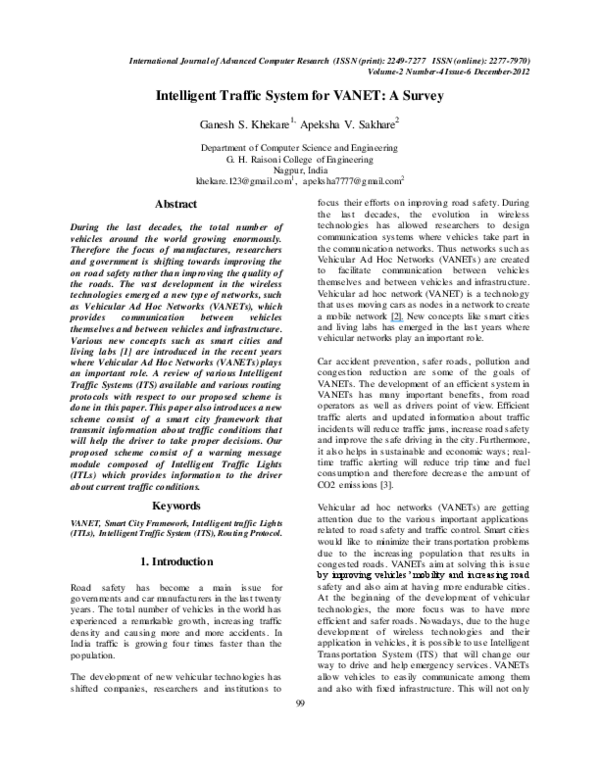 (PDF) Intelligent Traffic System for VANET: A Survey