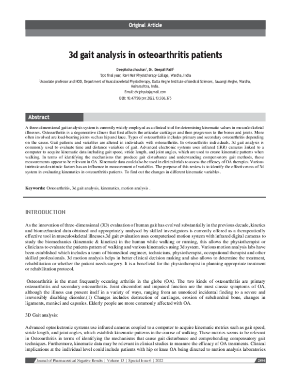 (PDF) 3D Gait Analysis in Osteoarthritis Patients