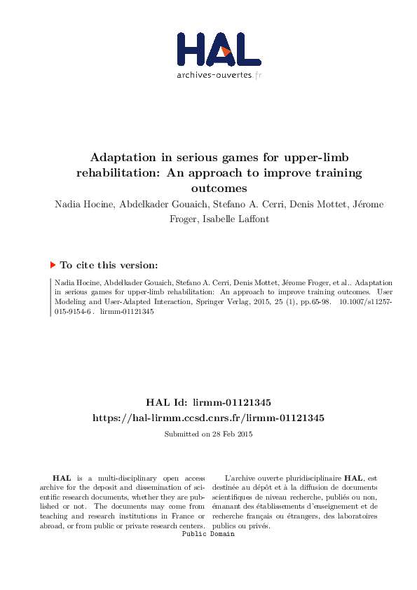 (PDF) Adaptation in serious games for upper-limb rehabilitation: an ...